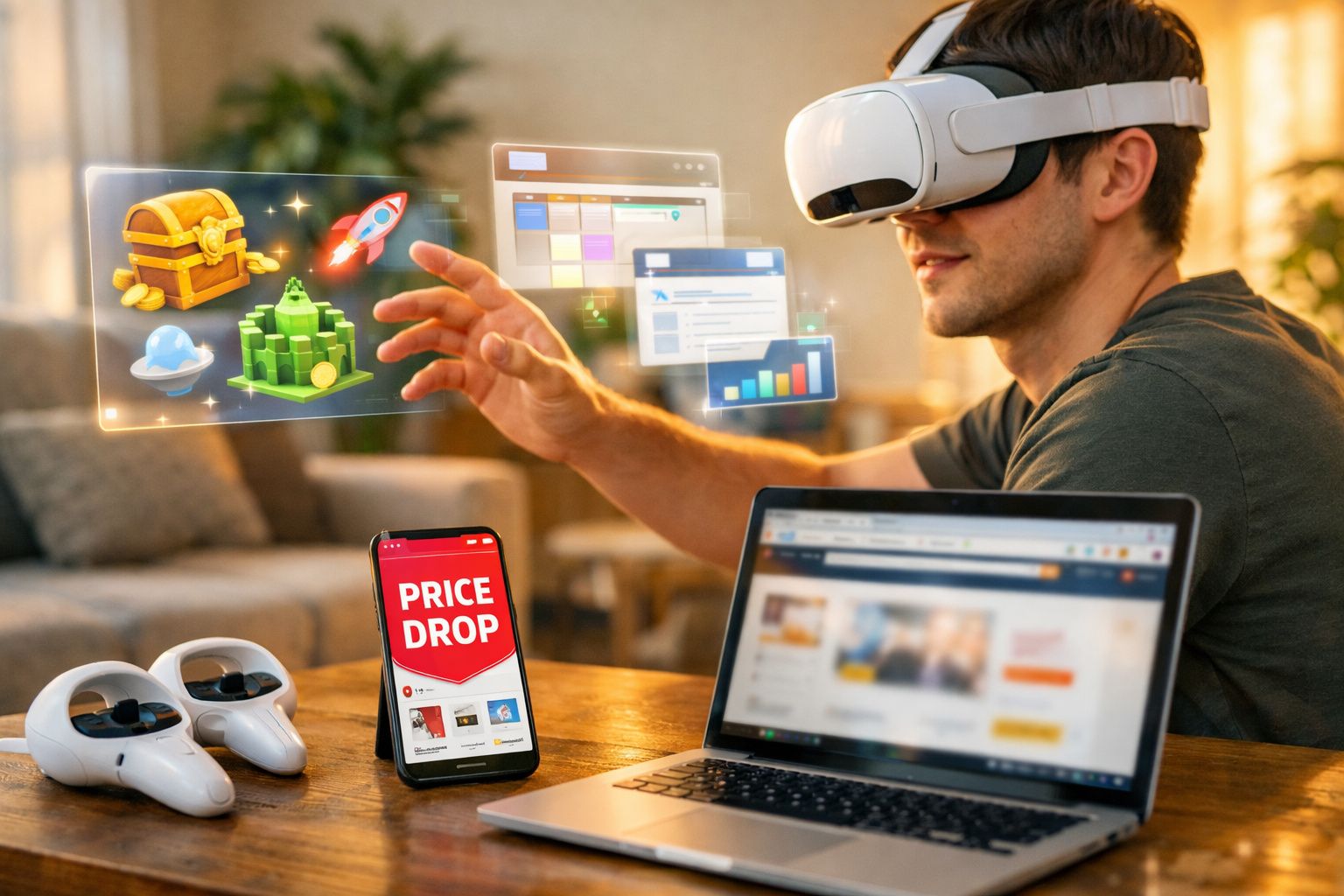 Homem usando óculos de realidade virtual interage com gráficos e jogos digitais em ambiente doméstico.