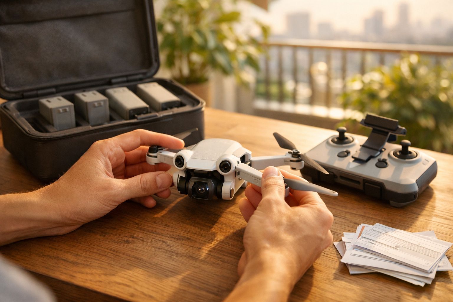Pessoa segurando drone branco dobrável sobre mesa de madeira com controle remoto e estojo com baterias.