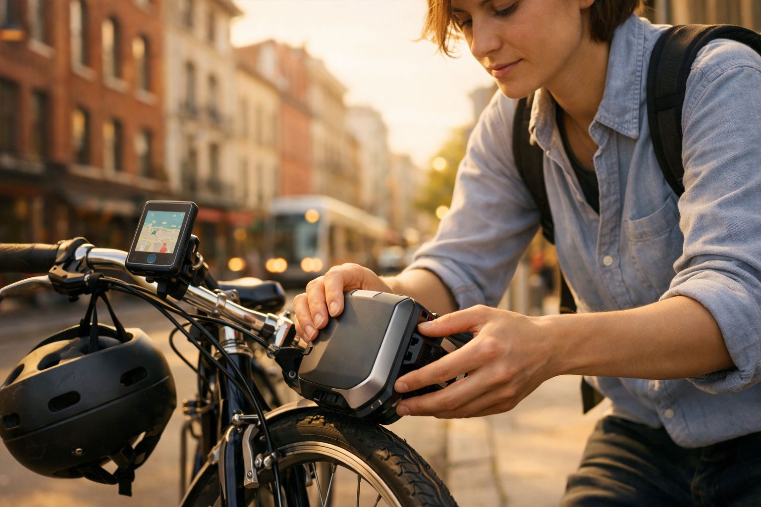 Pessoa ajustando bateria de bicicleta elétrica em rua urbana ao entardecer