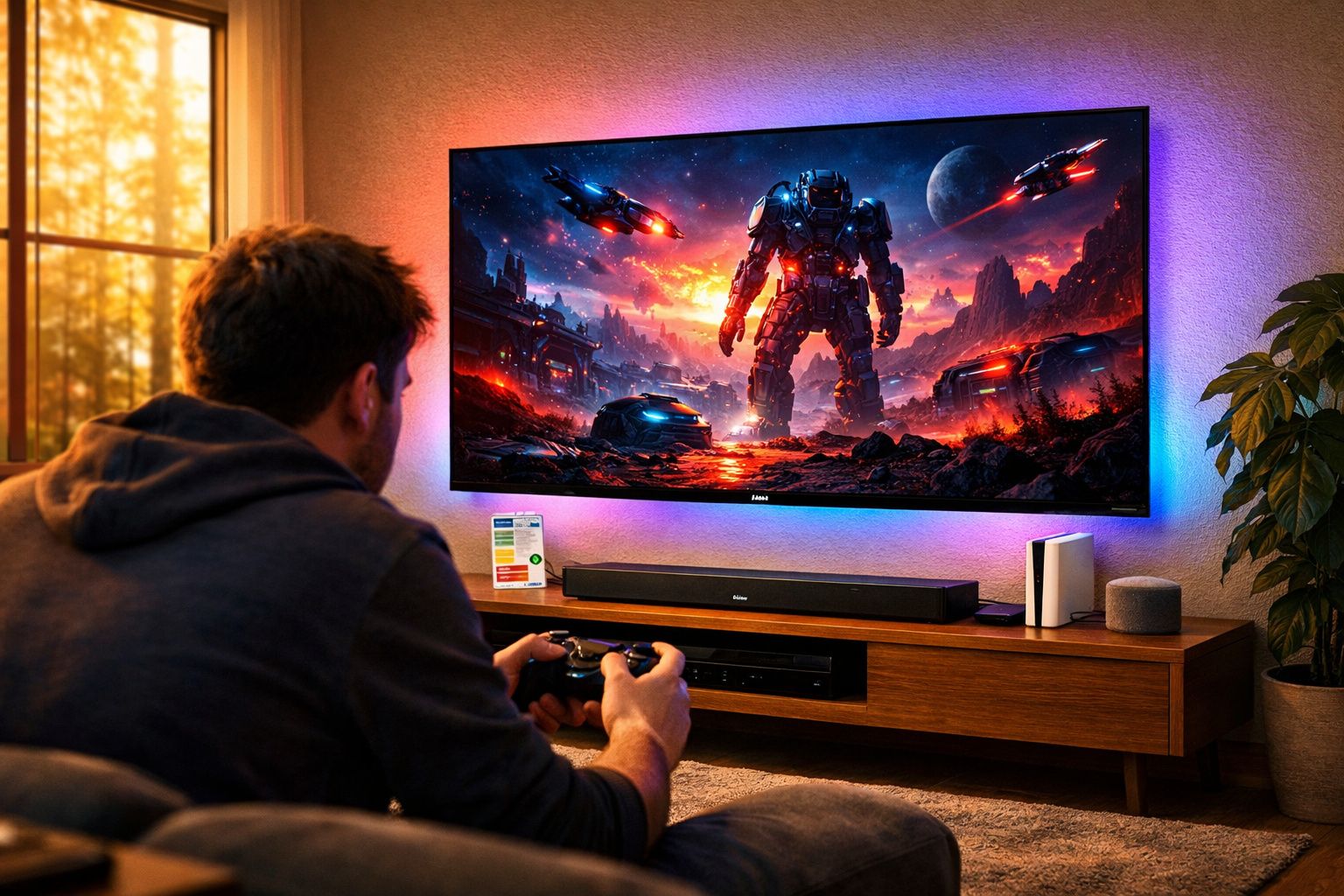 Homem jogando videogame em tela grande com jogo de robô futurista em sala iluminada ao entardecer.