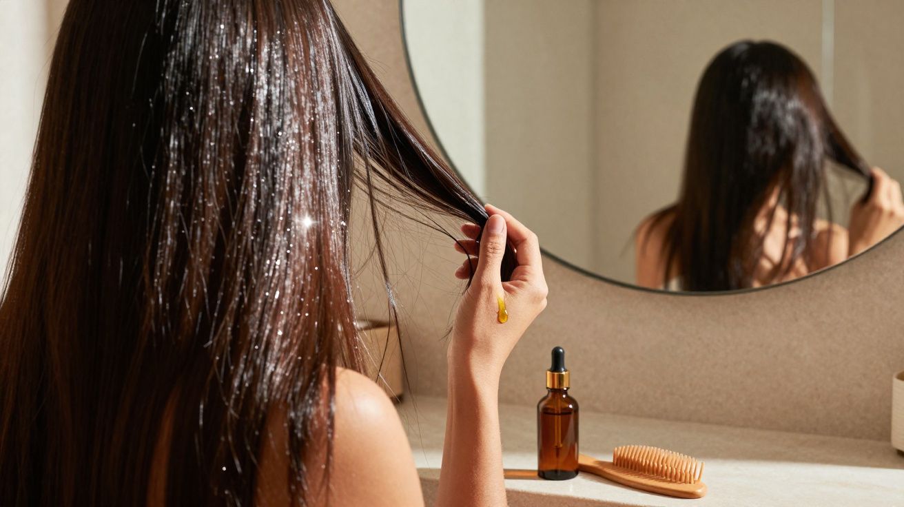 Mulher aplicando óleo capilar em cabelo longo e liso diante de espelho num banheiro.