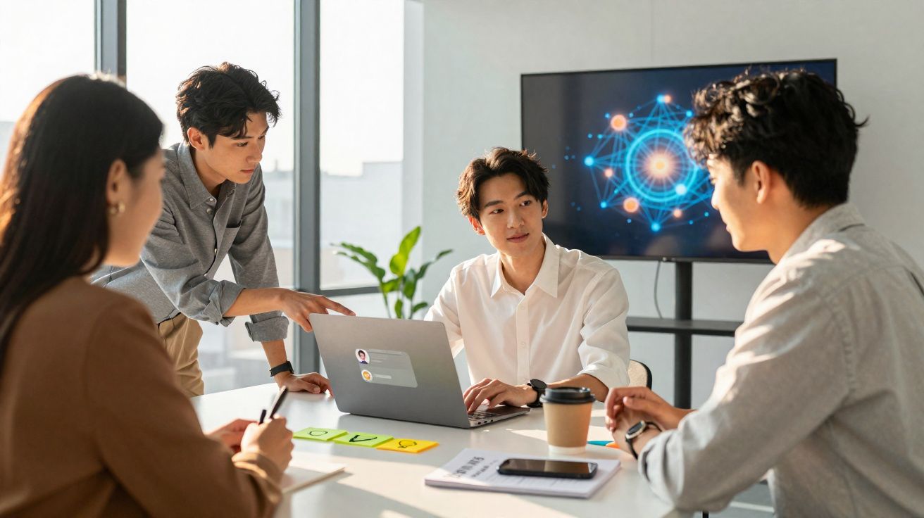 Quatro jovens trabalhadores discutem projeto em reunião com laptop e tela digital ao fundo.