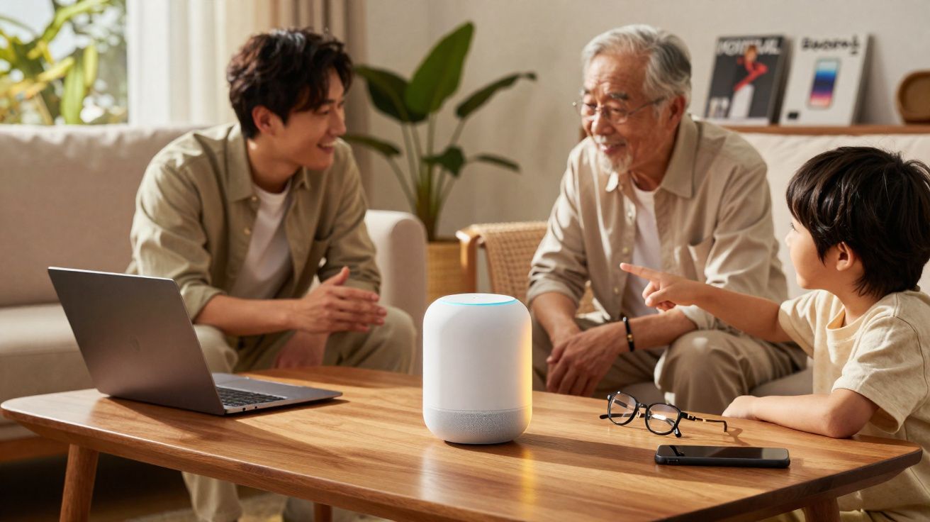 Três gerações de homens conversando em sala com notebook, celular e alto-falante inteligente sobre a mesa.