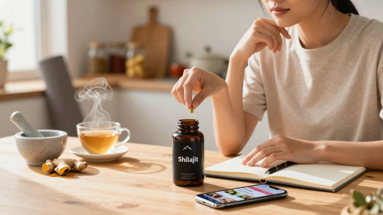 Mulher tomando cápsula de Shilajit ao lado de chá quente, caderno e celular em mesa de madeira na cozinha.