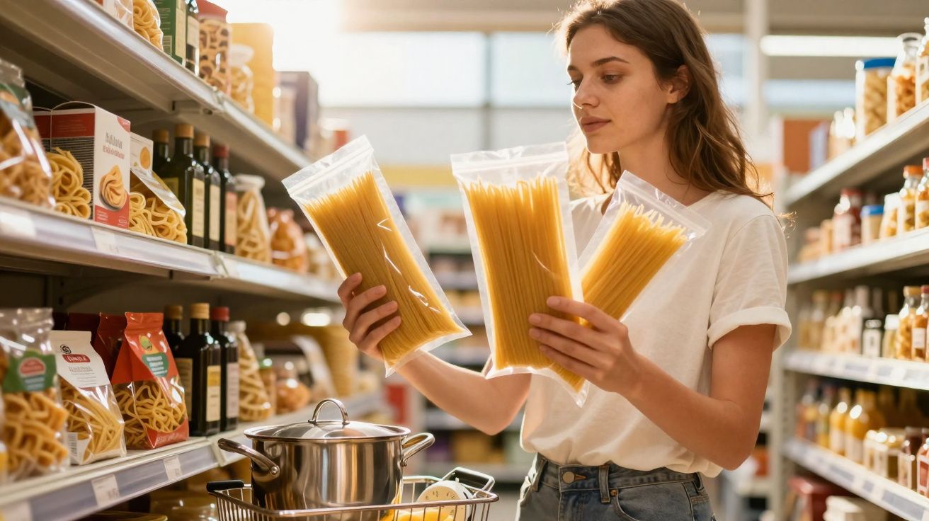 Mulher em supermercado escolhendo entre três pacotes de macarrão espaguete próximo a uma panela no carrinho.