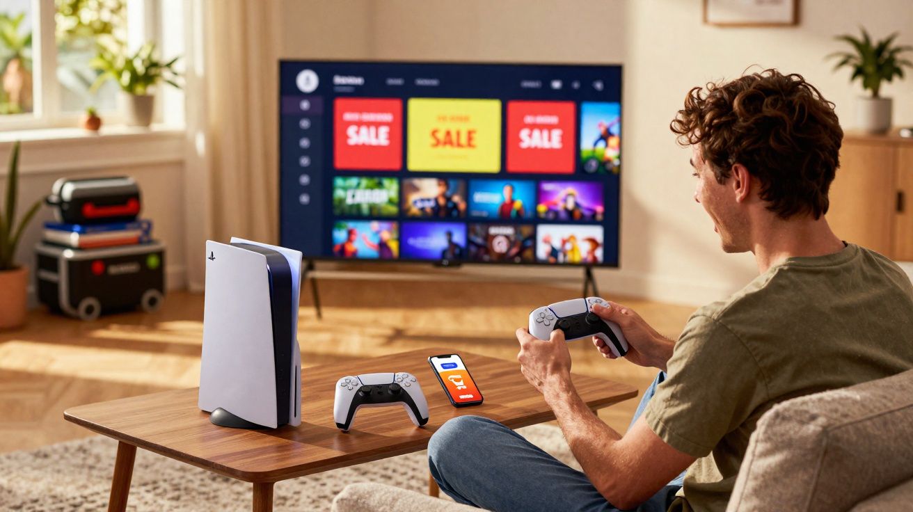 Homem joga videogame com controle, PS5 e TV exibindo promoções de jogos em ambiente aconchegante.