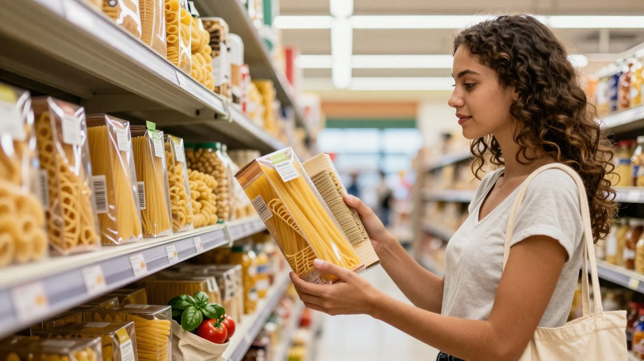 Mulher olhando embalagens de macarrão em corredor de supermercado.