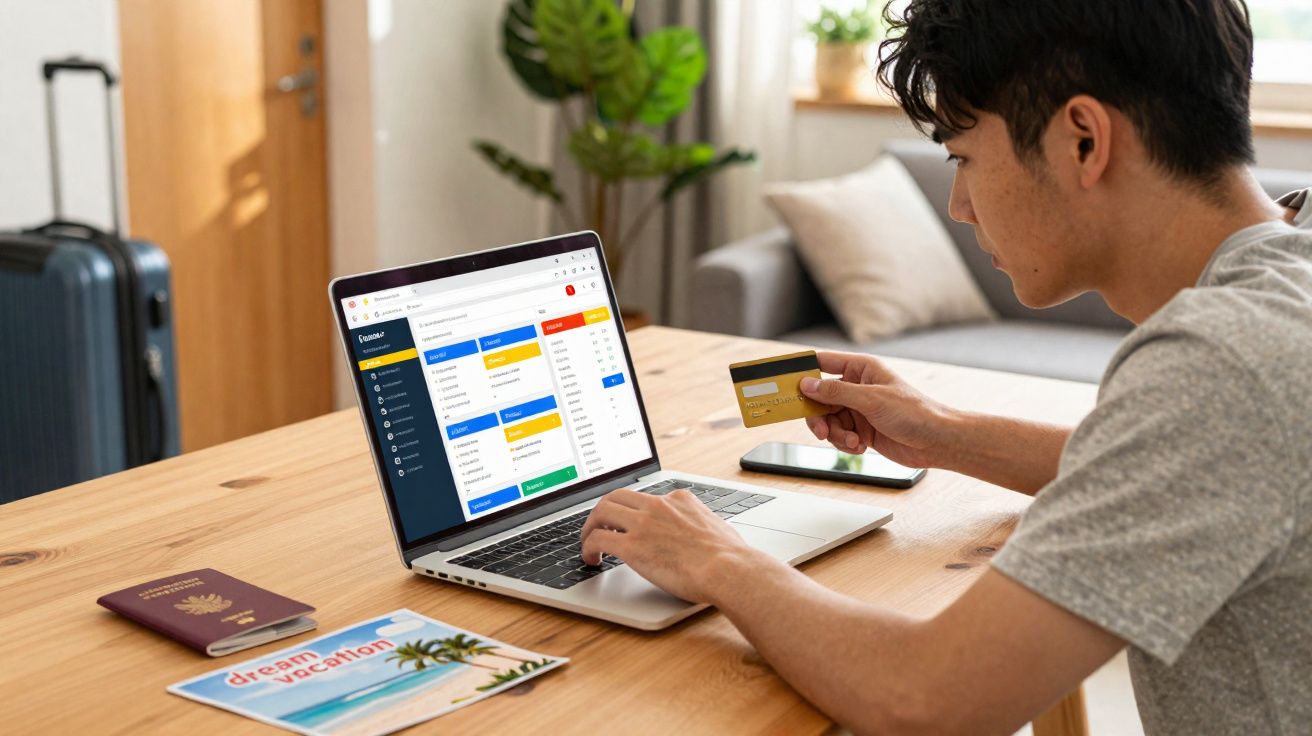 Jovem segurando cartão de crédito fazendo compra online em laptop, com passaporte e revista na mesa.