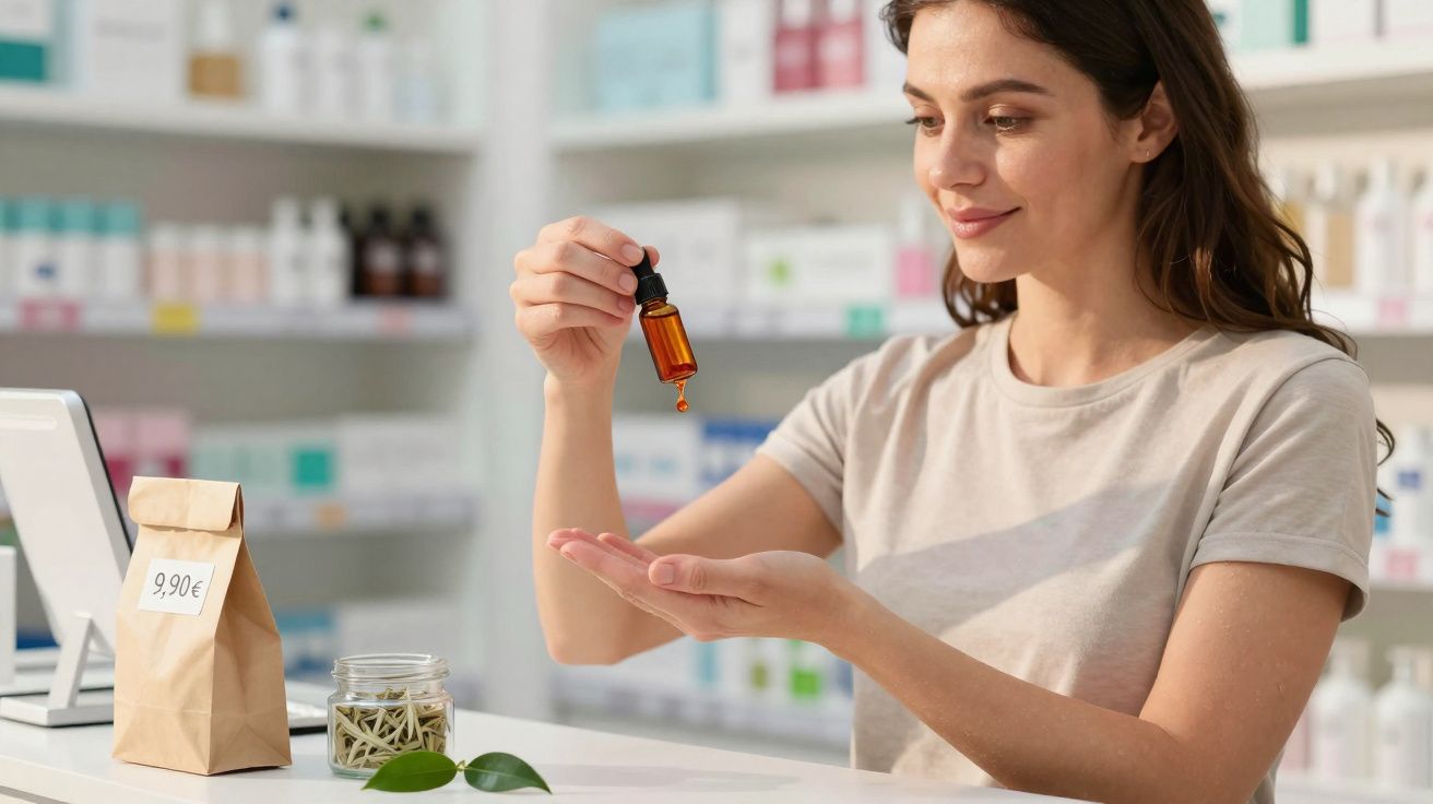 Mulher sorrindo aplicando óleo de essência natural em gotas na mão em loja de produtos naturais.