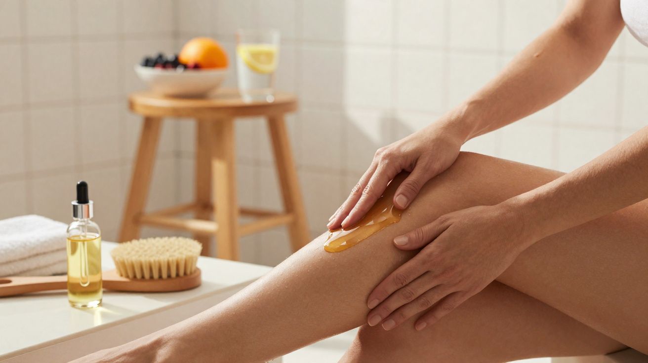 Pessoa aplicando cera quente na perna para depilação em ambiente claro com acessórios de cuidados pessoais ao fundo.