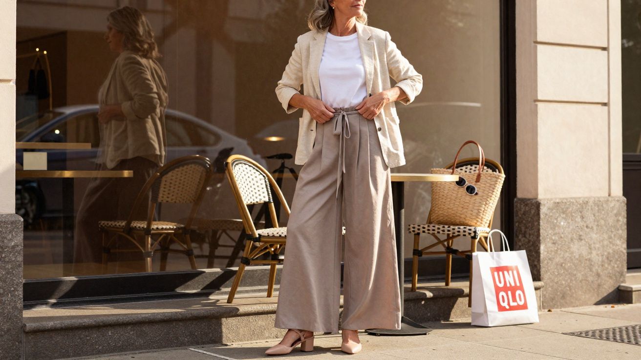 Mulher vestindo calça ampla bege, camiseta branca e blazer claro, em calçada com sacola Uniqlo ao lado.
