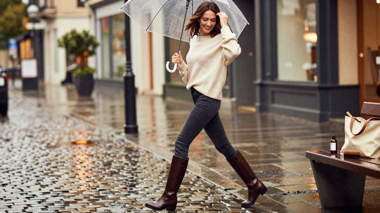 Mulher sorridente caminhando na rua molhada com guarda-chuva transparente em dia de chuva.