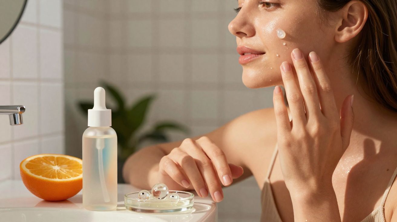 Mulher aplicando creme facial, com laranja cortada e frasco de sérum ao lado em bancada de banheiro.