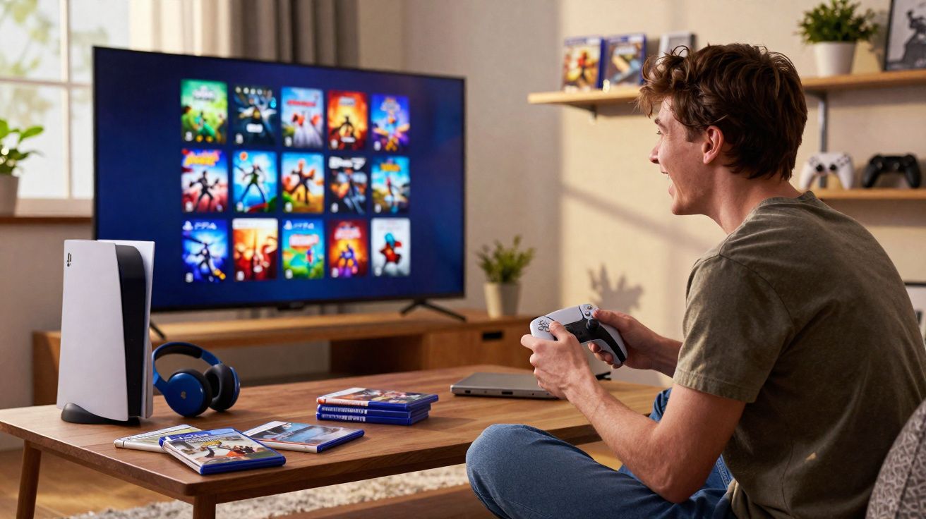 Jovem sentado no chão com controle na mão jogando videogame em TV, com console, fones e jogos sobre a mesa.