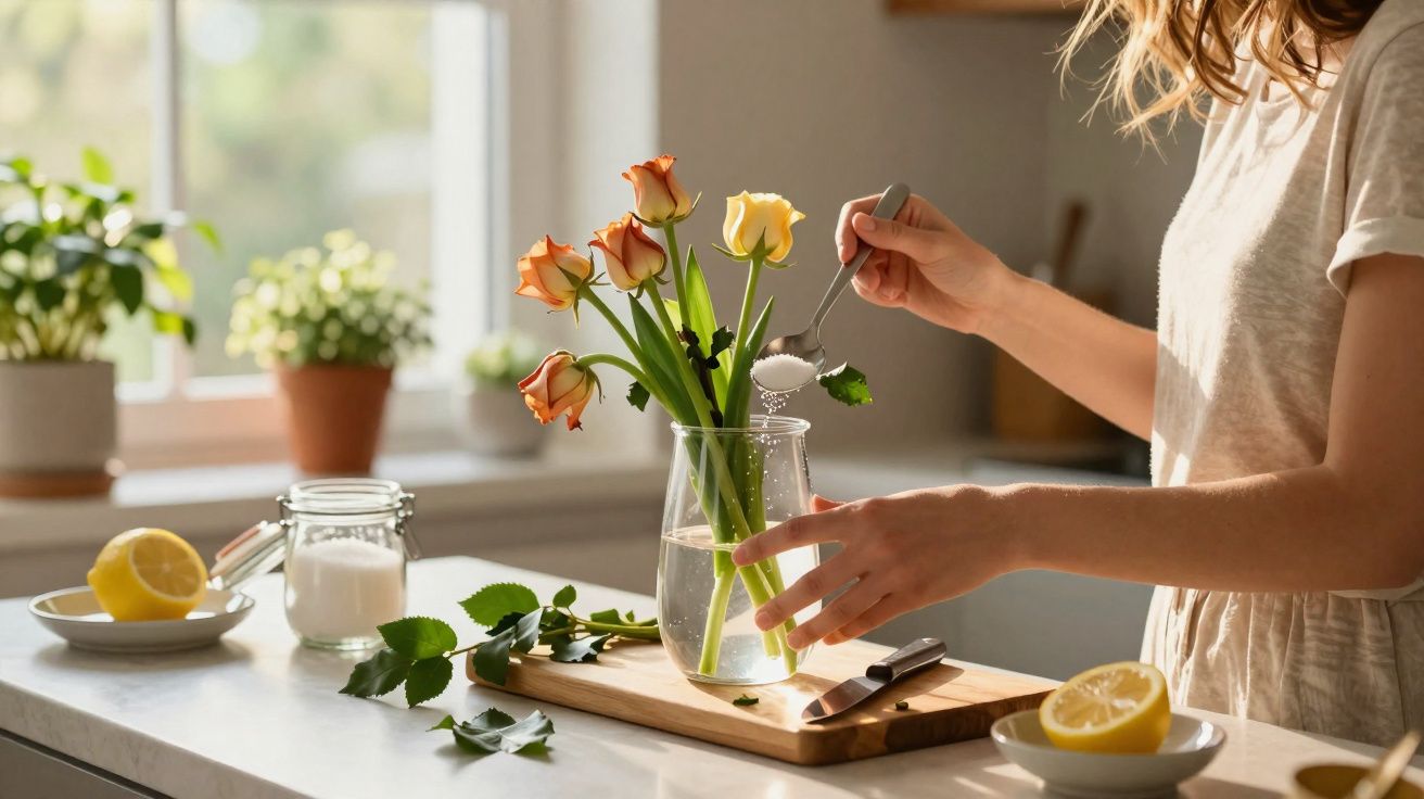 Mulher adicionando açúcar à jarra com água e rosas em bancada iluminada por luz natural.