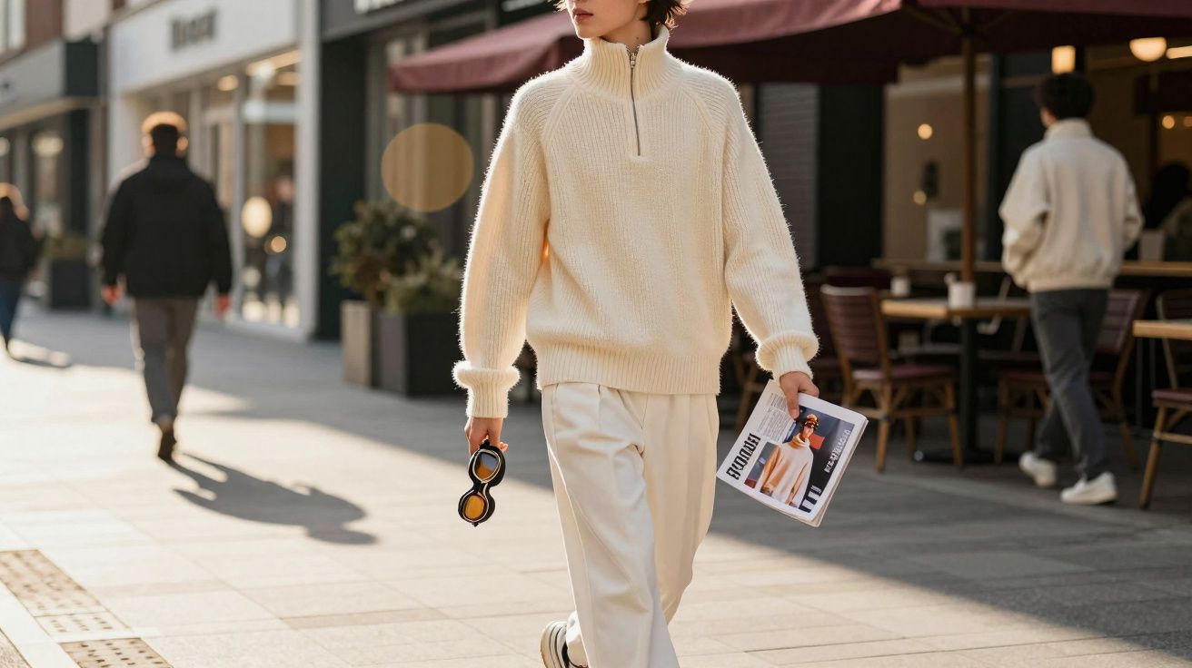 Pessoa caminhando na rua vestindo suéter branco, calça clara e segurando óculos e revista.