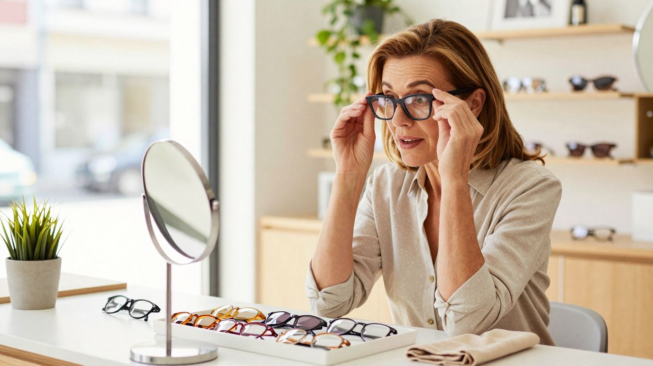 Mulher madura experimenta óculos de grau em loja com várias armações sobre mesa e espelho.