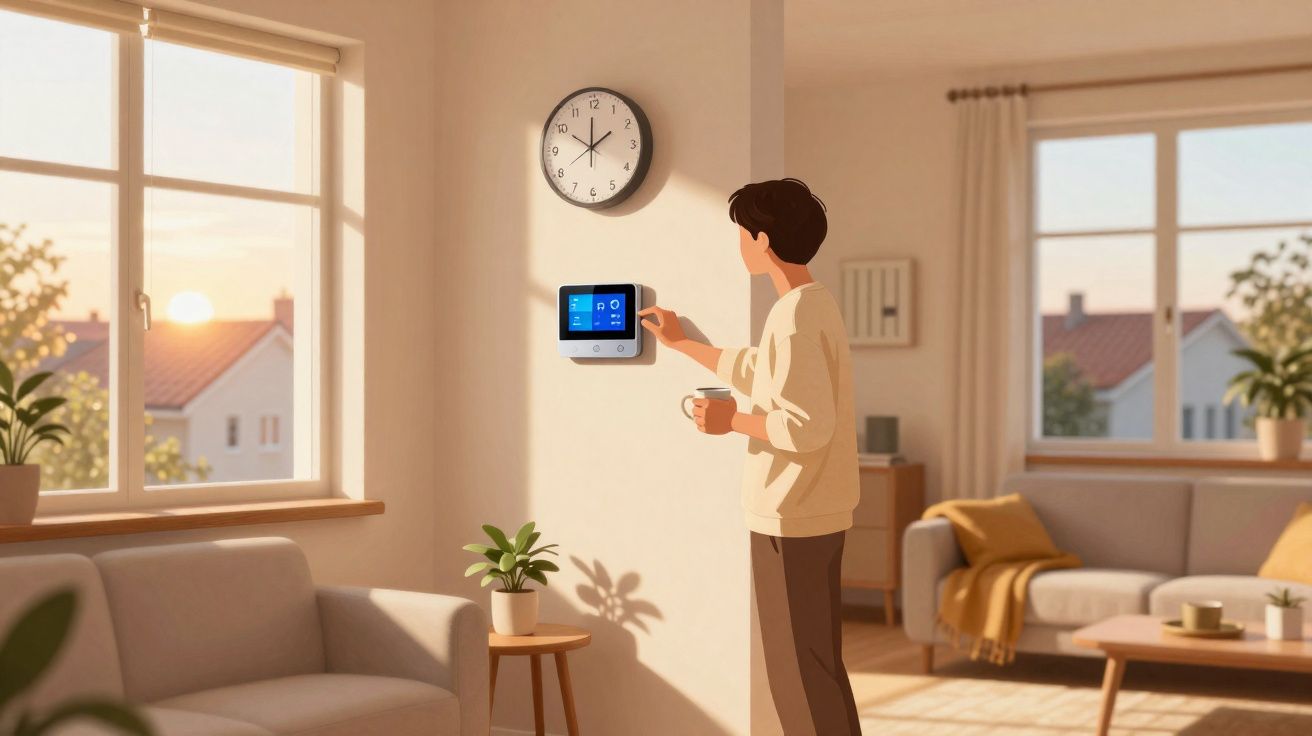 Pessoa em sala de estar ajustando termostato digital na parede durante o pôr do sol.