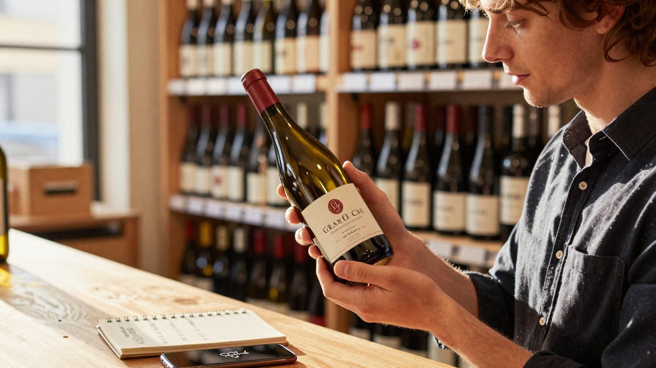 Homem segurando uma garrafa de vinho em loja com prateleiras cheias de vinhos ao fundo.
