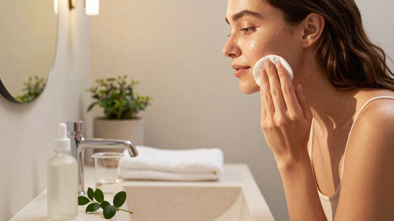 Mulher aplicando produto facial com algodão em frente ao espelho em banheiro iluminado.