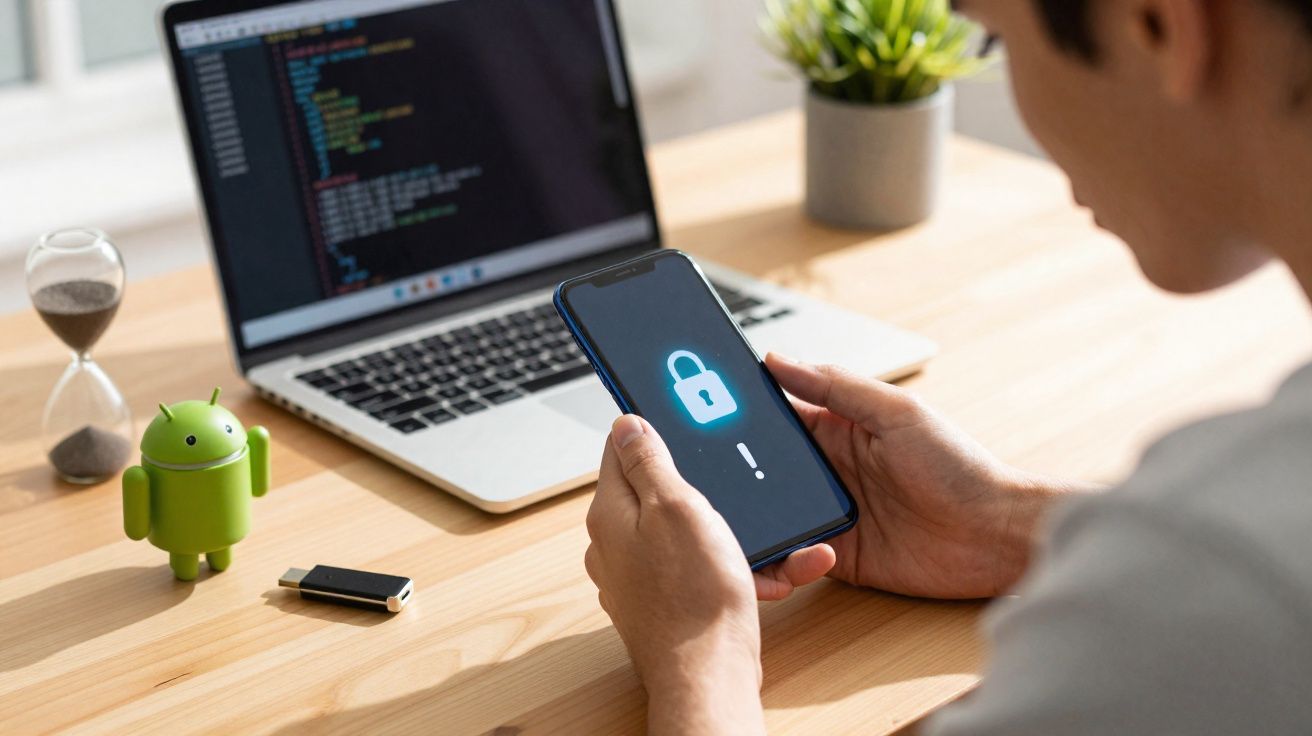 Pessoa segurando smartphone com ícone de cadeado aberto, laptop com código e ícone Android na mesa.