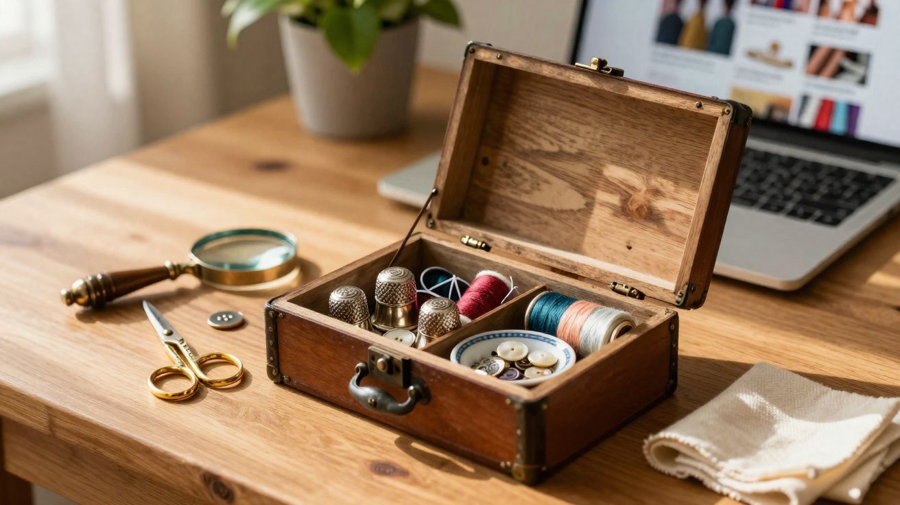 Caixa de costura com linhas, alfinetes, botões e dedais sobre mesa de madeira ao lado de laptop.