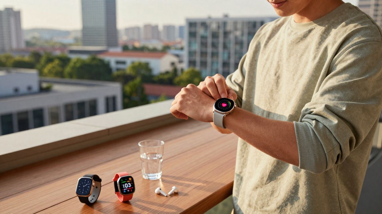 Pessoa usando relógio inteligente com mostrador digital em mesa de madeira com dois relógios e fones brancos.