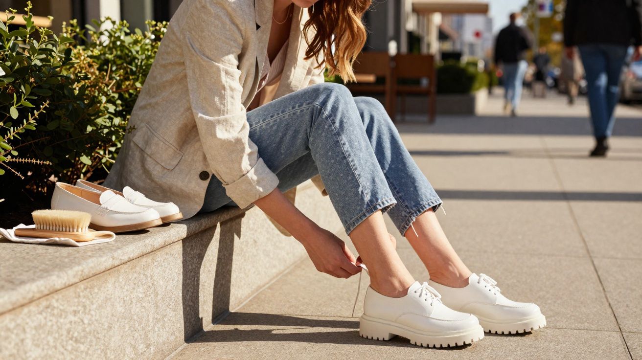 Mulher sentada na rua calçando sapato branco enquanto veste jeans e blazer bege.
