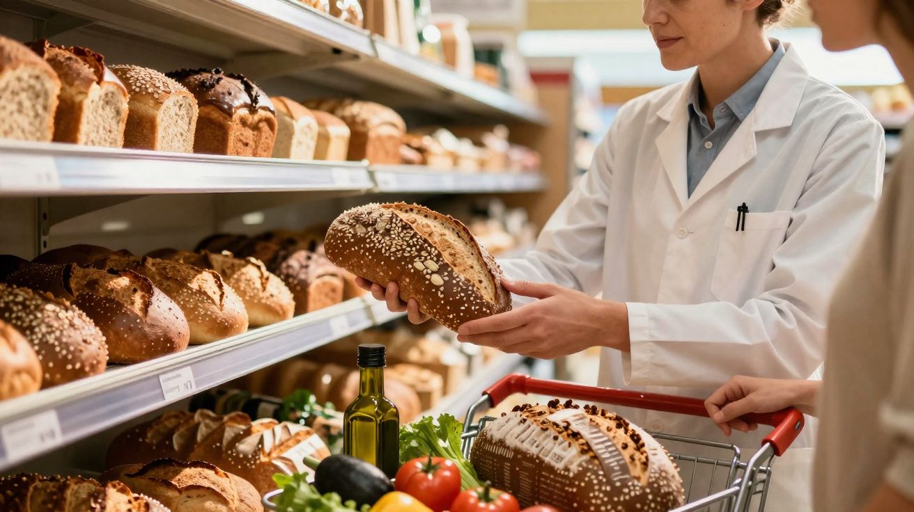 Pessoa segurando pão integral com sementes em supermercado, carrinho com legumes e pão na frente.