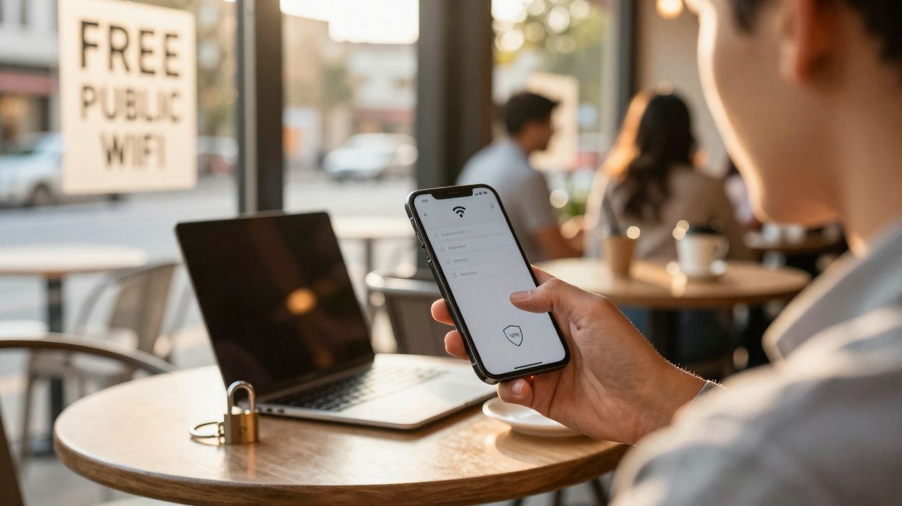 Pessoa usando smartphone com laptop em mesa de café, sinalizando Wi-Fi público gratuito ao fundo.