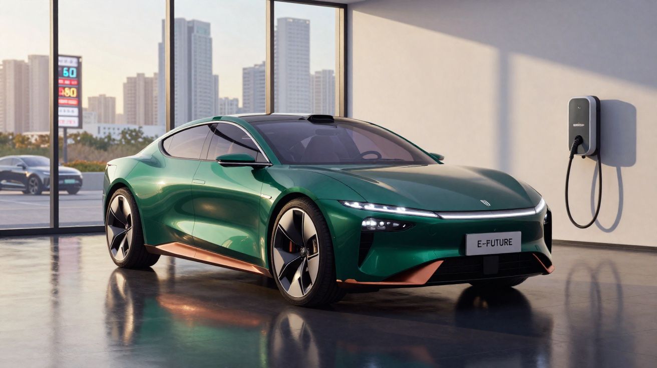 Carro elétrico esportivo verde estacionado em garagem moderna com carregador de parede instalado.