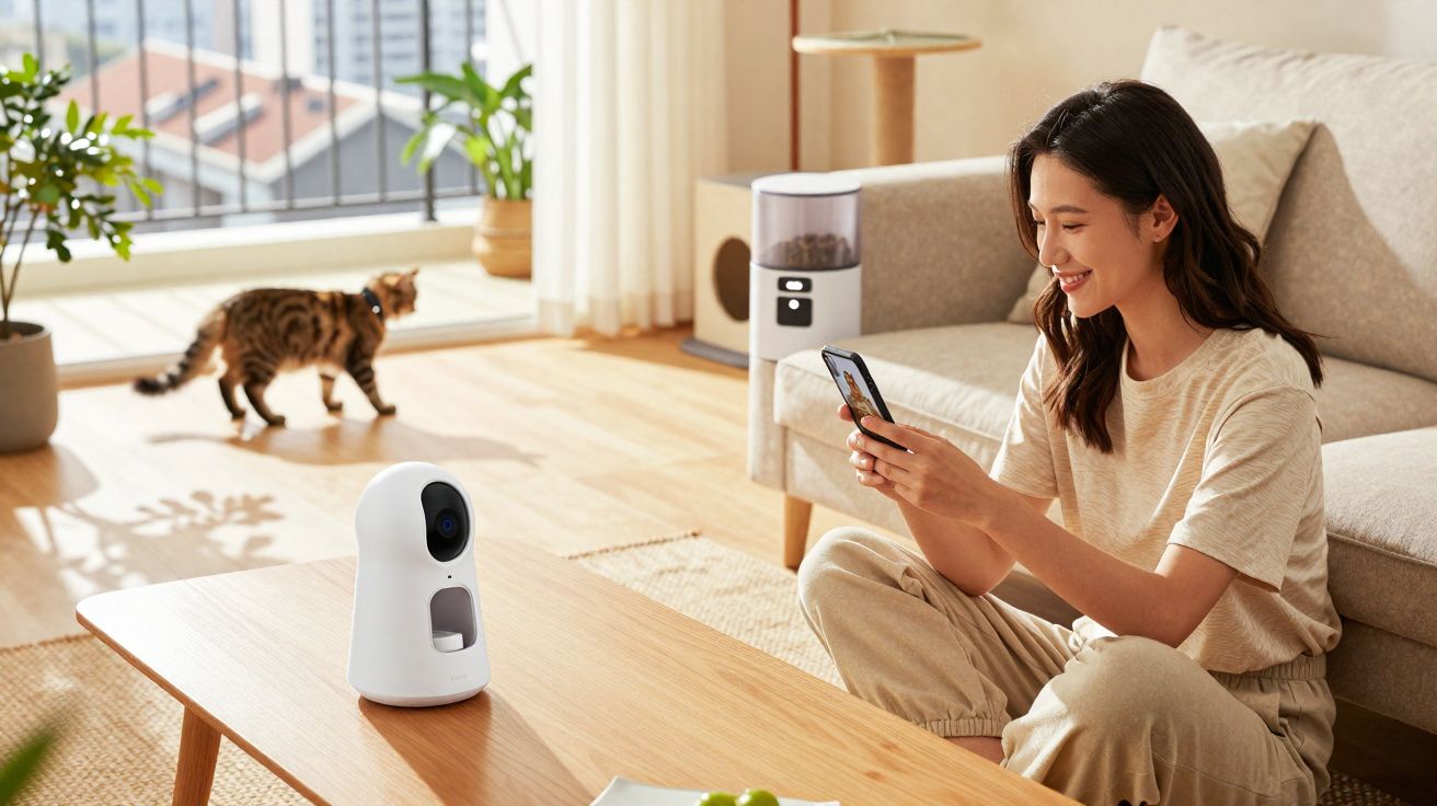 Mulher sentada no chão olhando para celular, câmera branca sobre a mesa, gato caminhando perto da janela.