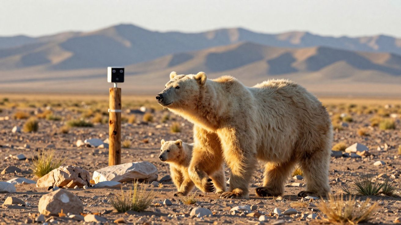 Ursa polar adulta e filhote caminhando em terreno rochoso com montanhas ao fundo.