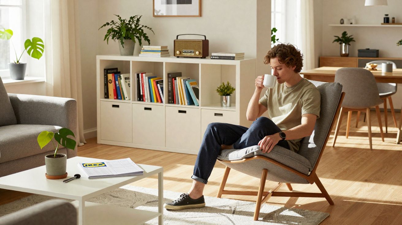 Jovem sentado em poltrona moderna em sala iluminada, bebendo café e relaxando.