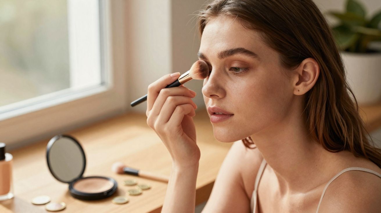 Mulher aplicando maquiagem com pincel na área dos olhos, sentada próxima a uma janela.