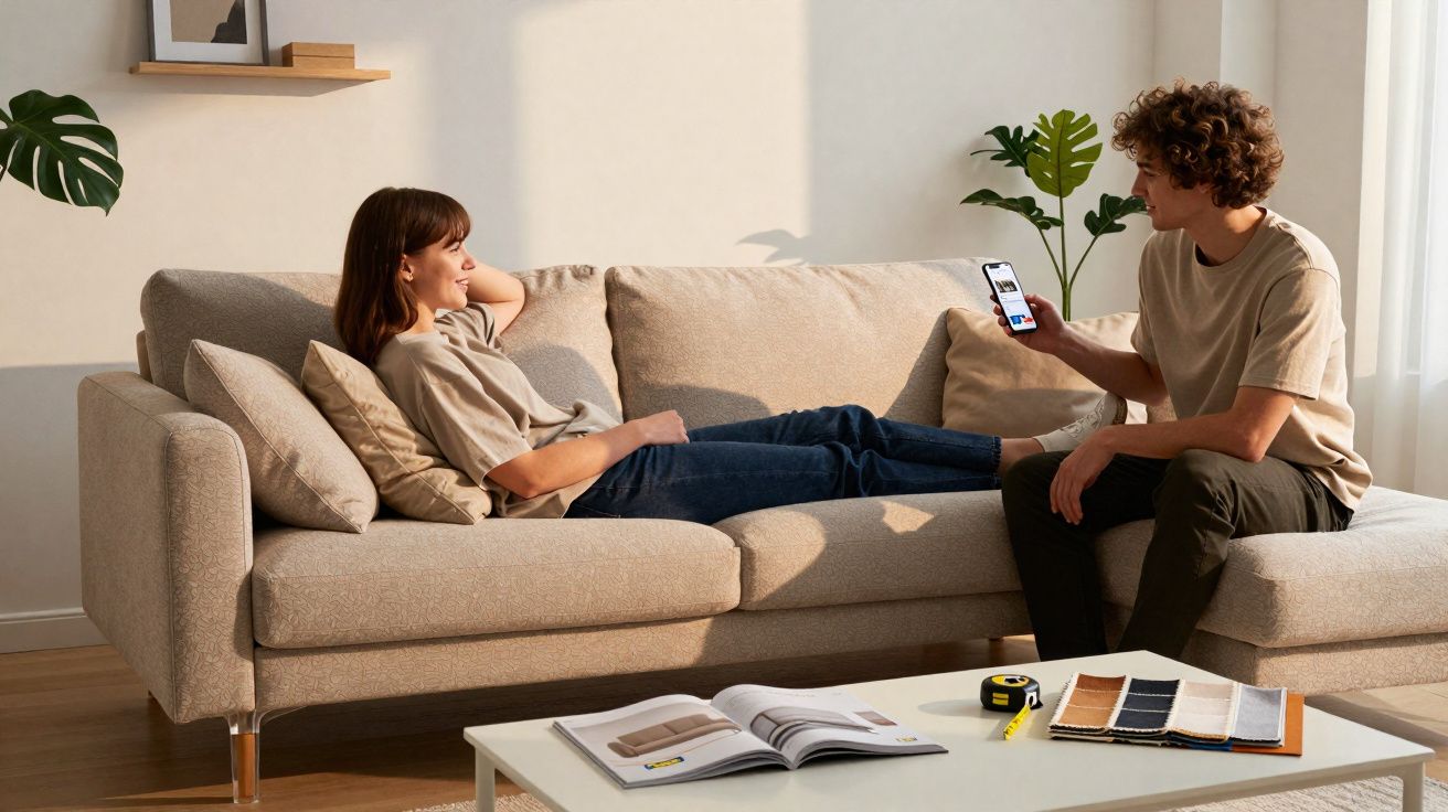 Pessoa sentada no sofá mostrando telefone para outra deitada em ambiente iluminado e decoração minimalista.