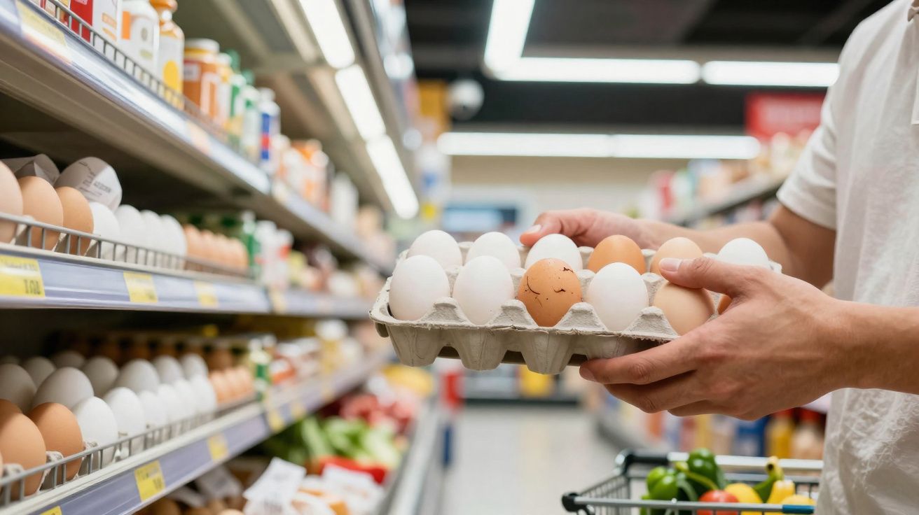 Pessoa segurando caixa de ovos em corredor de supermercado com prateleiras de alimentos ao fundo.
