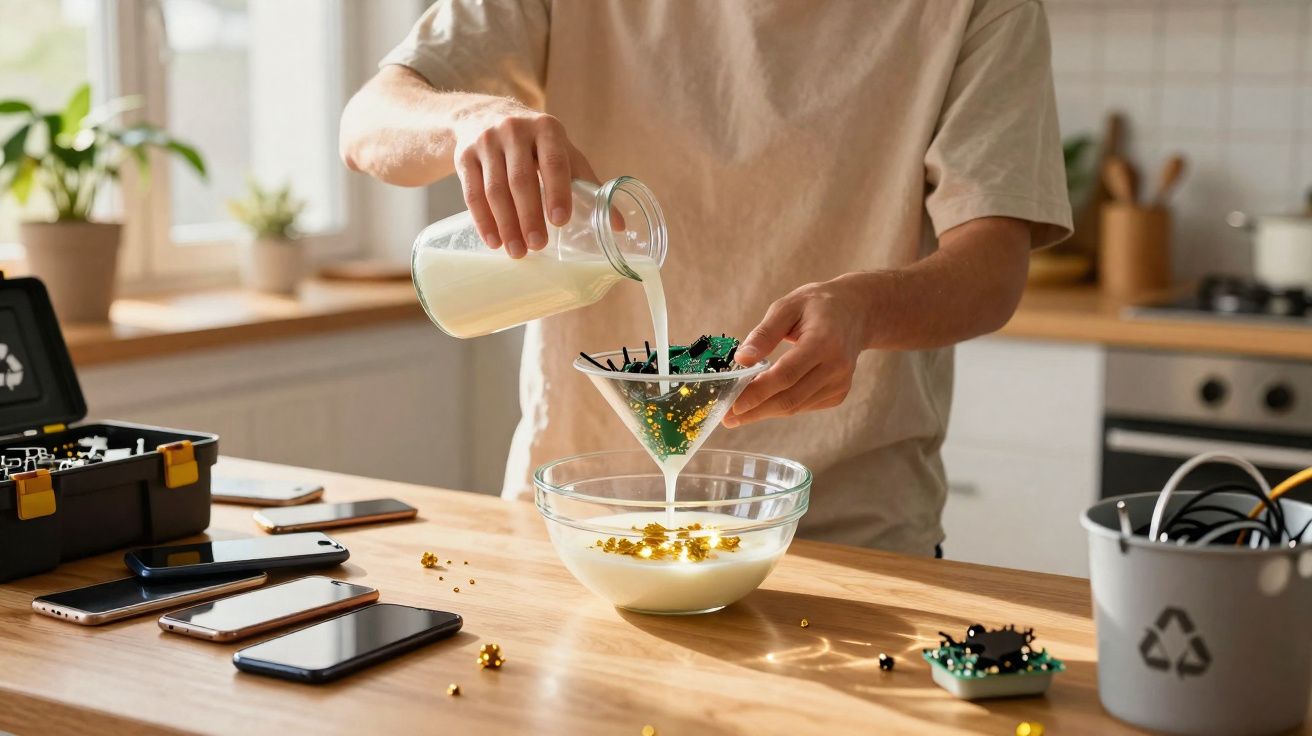 Pessoa despejando leite em um funil cheio de peças eletrônicas sobre uma tigela de vidro na cozinha.