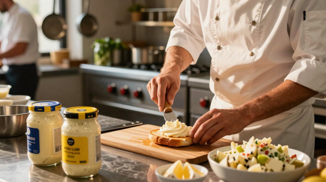 Chef em uniforme branco espalha cobertura cremosa sobre fatia de pão em cozinha profissional.