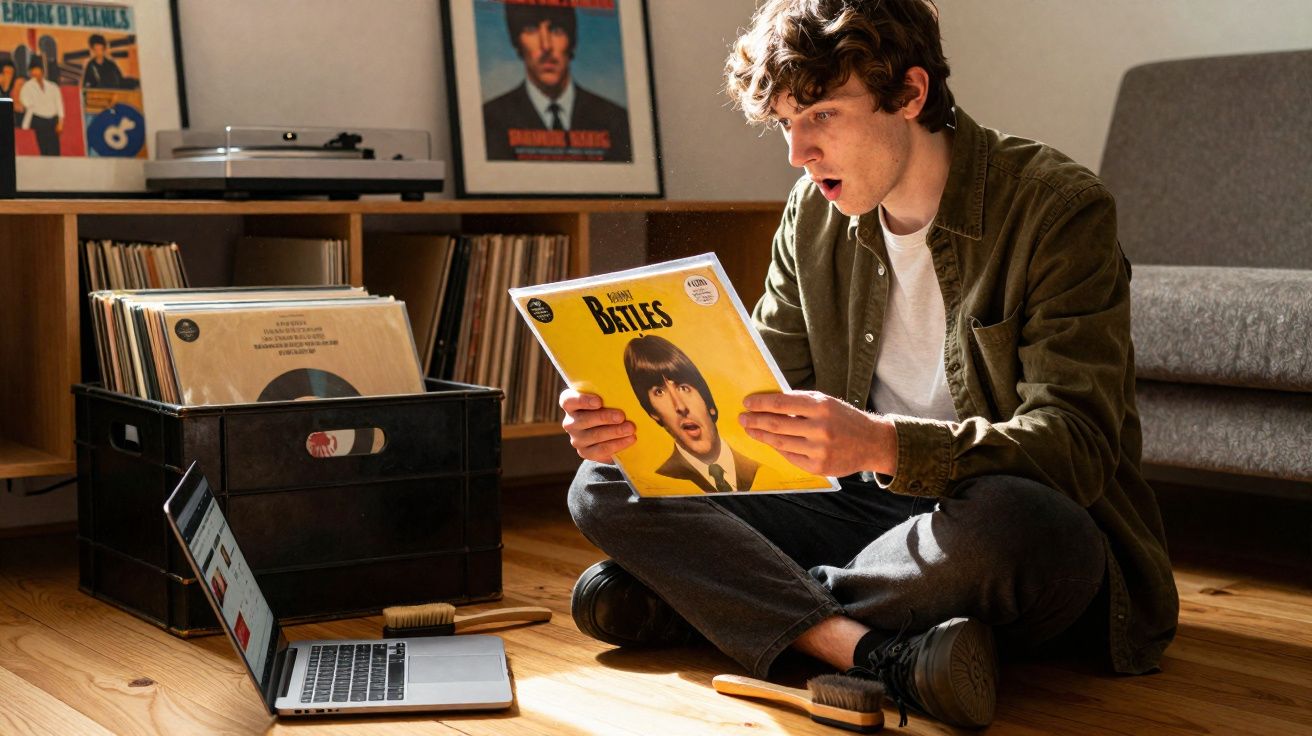 Jovem sentado no chão segurando disco dos Beatles em sala com toca-discos, vinis e notebook aberto.