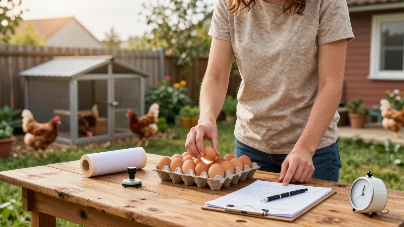Pessoa contando ovos em uma bandeja de papelão em uma mesa de madeira ao ar livre com galinhas ao fundo.