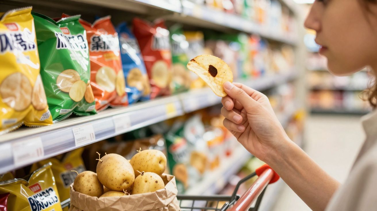 Pessoa segurando uma batata chips com mancha escura em corredor de supermercado com prateleira de salgadinhos.