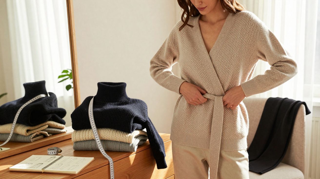 Mulher ajustando cinto de casaco bege ao lado de pilha de suéteres e fita métrica em cômoda.