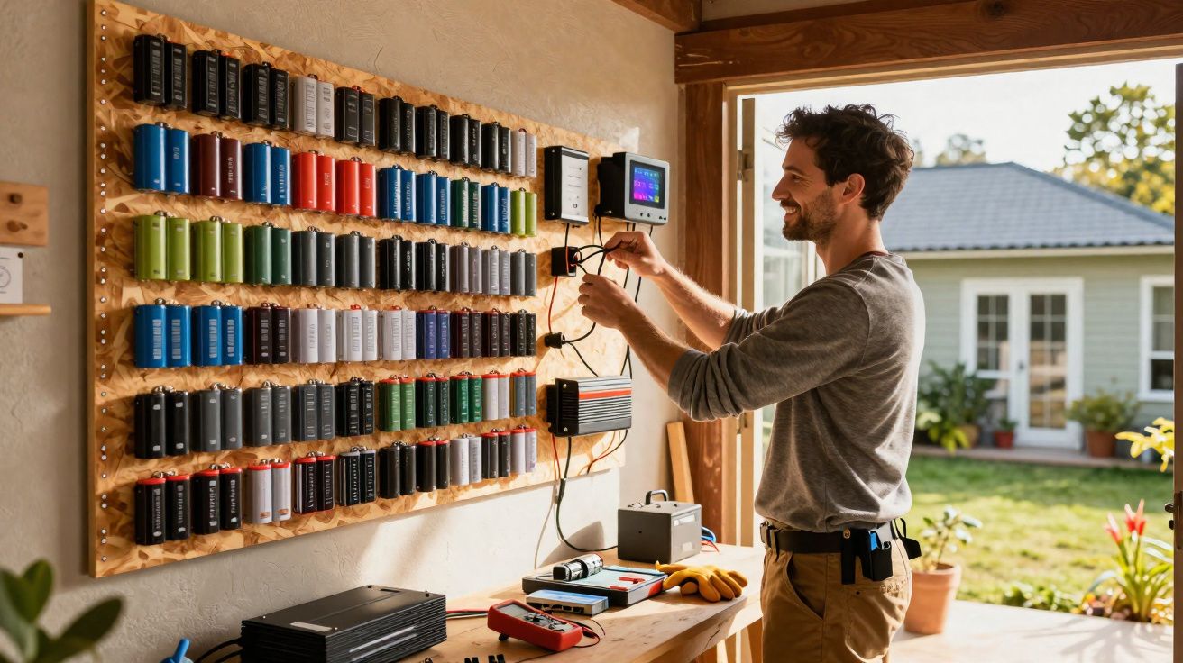 Homem ajusta equipamentos eletrônicos coloridos organizados em painel dentro de oficina com vista para jardim.
