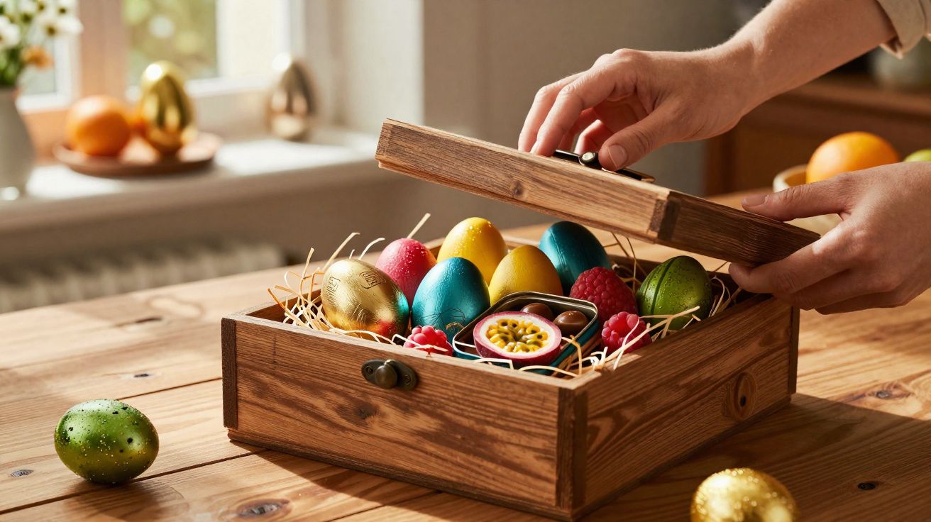 Caixa de madeira com ovos coloridos de Páscoa e doces, com mãos abrindo a tampa sobre mesa de madeira.