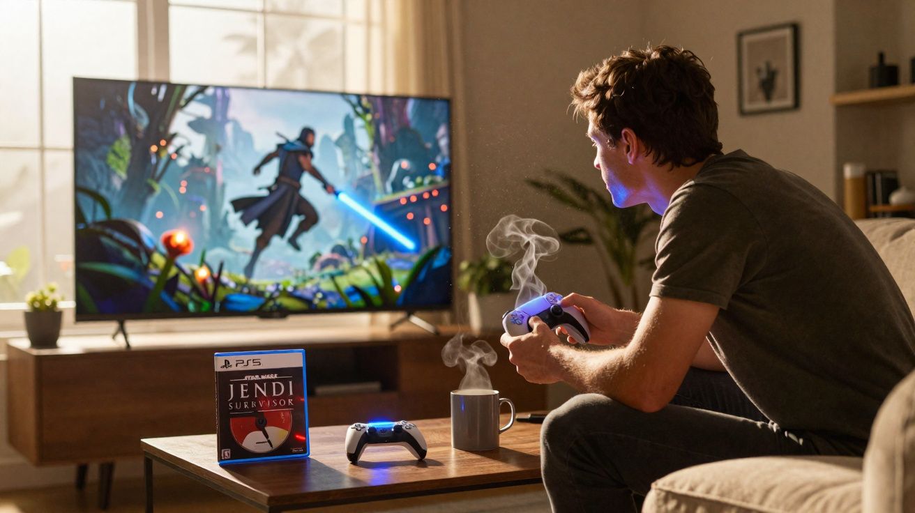 Jovem sentado no sofá jogando videogame Star Wars Jedi Survivor em TV com controle e xícara de bebida quente.