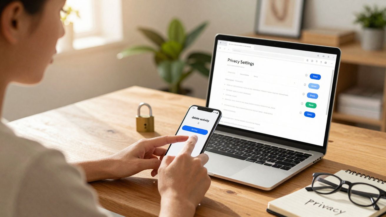 Pessoa acessando configurações de privacidade em smartphone e laptop em mesa com cadeado e óculos.