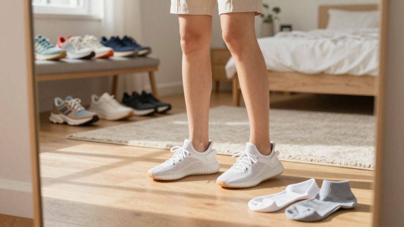 Pessoa usando tênis branco, em frente a espelho, com meias brancas e cinzas no chão ao lado.
