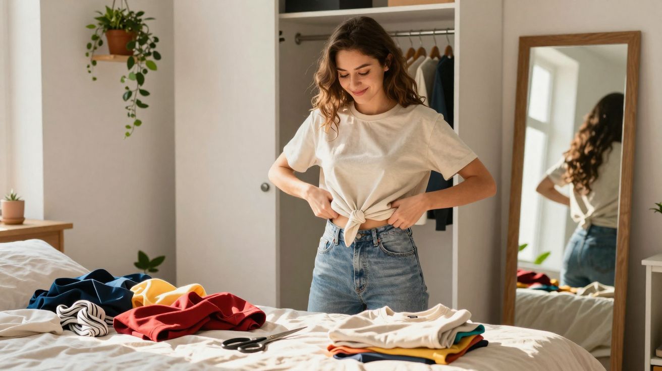 Mulher jovem amarrando camiseta branca no quarto com roupa sobre a cama e espelho ao fundo.