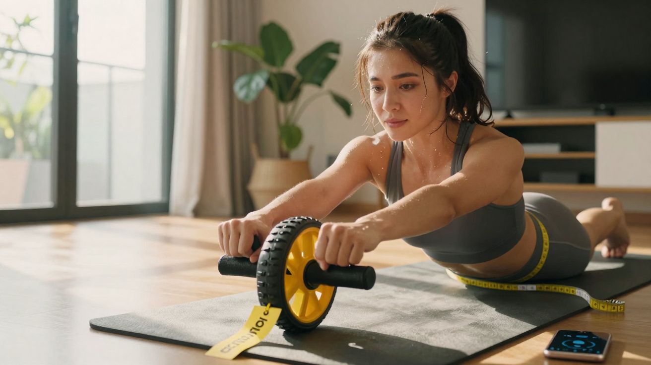 Mulher fazendo exercícios com roda abdominal em tapete de yoga, ao lado de fita métrica e celular.